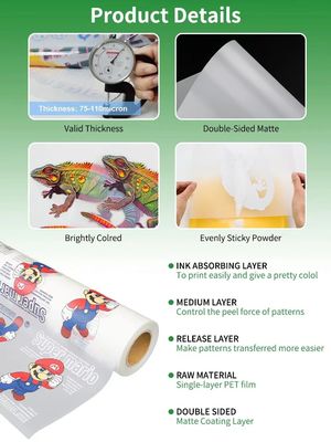 Odzież DTF PET Transfer Film 75mic Dwustronny Mat Direct To Film On Textile
